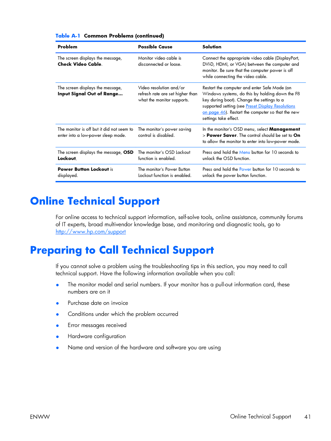 HP Performance ZR2440w 24 XW477A8#ABA, 27 XW476A4#ABA manual Online Technical Support Preparing to Call Technical Support 