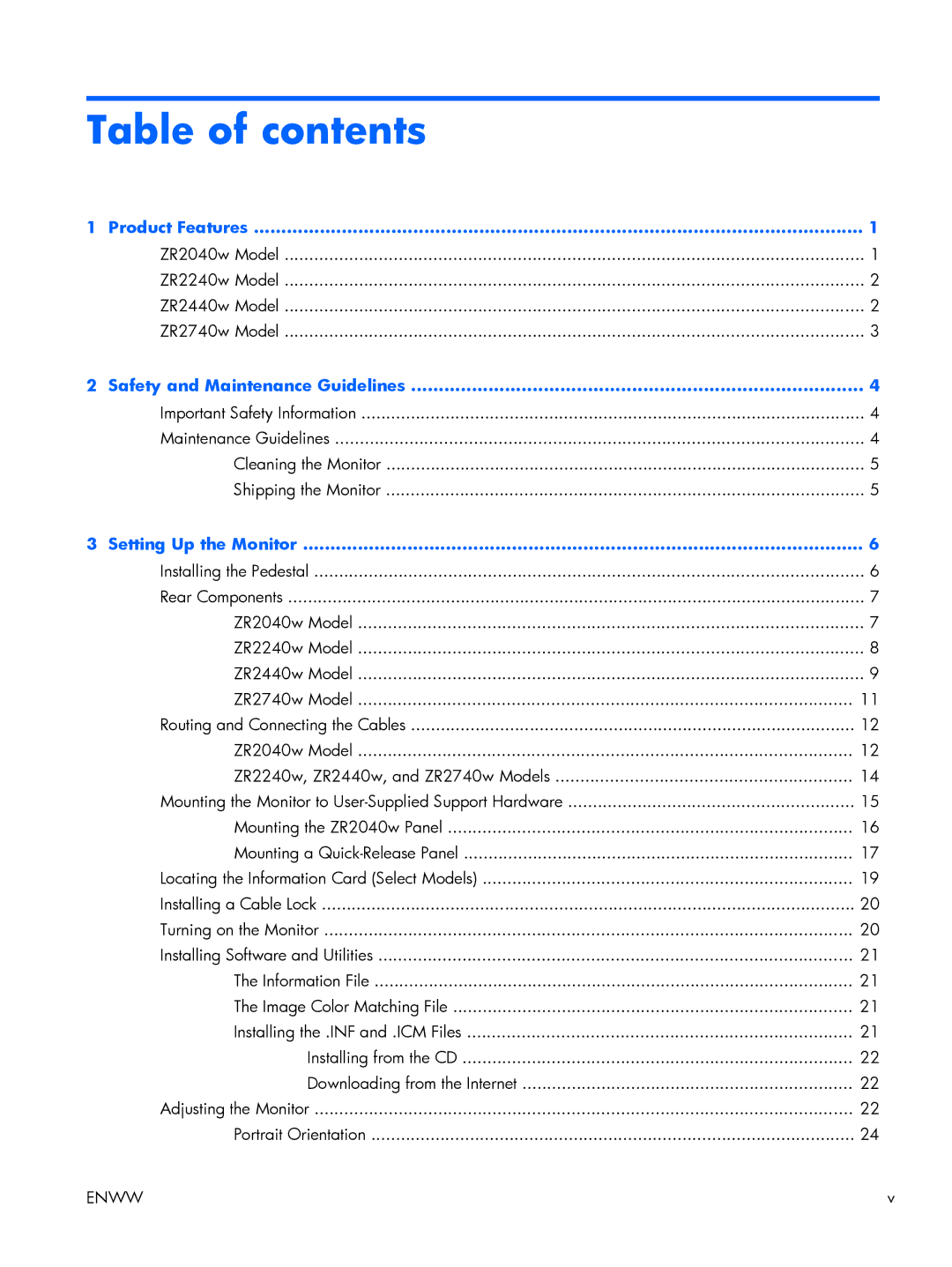 HP Performance ZR2440w 24 XW477A8#ABA, 27 XW476A4#ABA manual Table of contents 