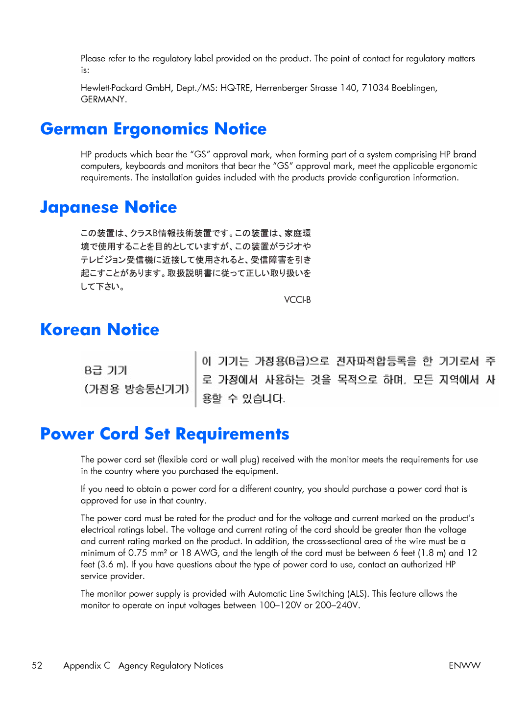 HP 27 XW476A4#ABA manual German Ergonomics Notice, Japanese Notice Korean Notice Power Cord Set Requirements 