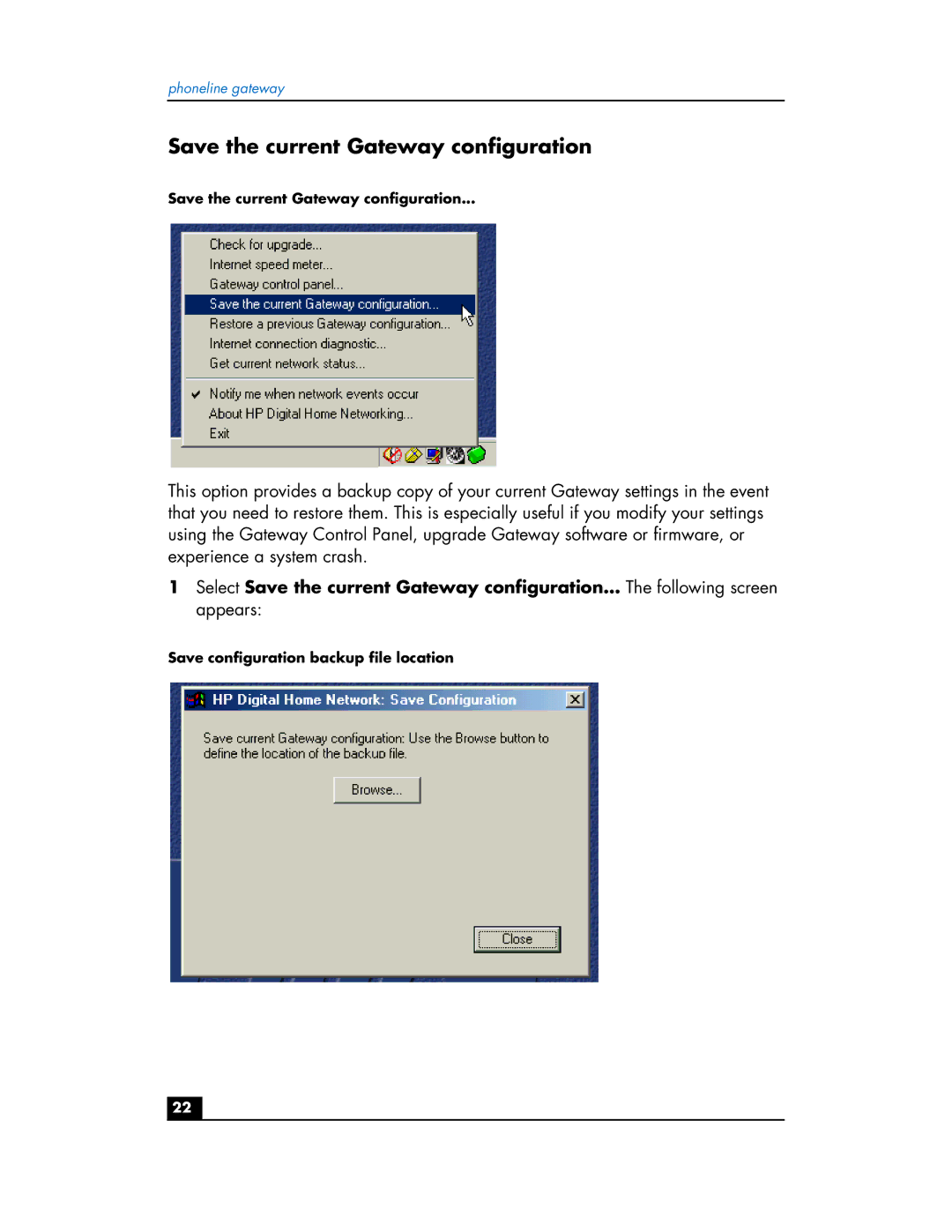 HP Phoneline Gateway hn200p manual Save the current Gateway configuration 