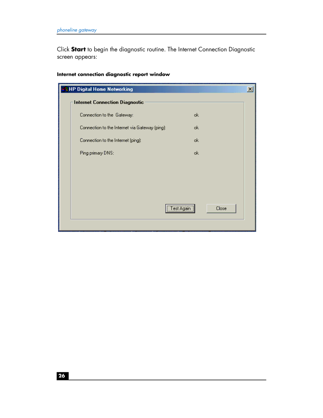 HP Phoneline Gateway hn200p manual Internet connection diagnostic report window 