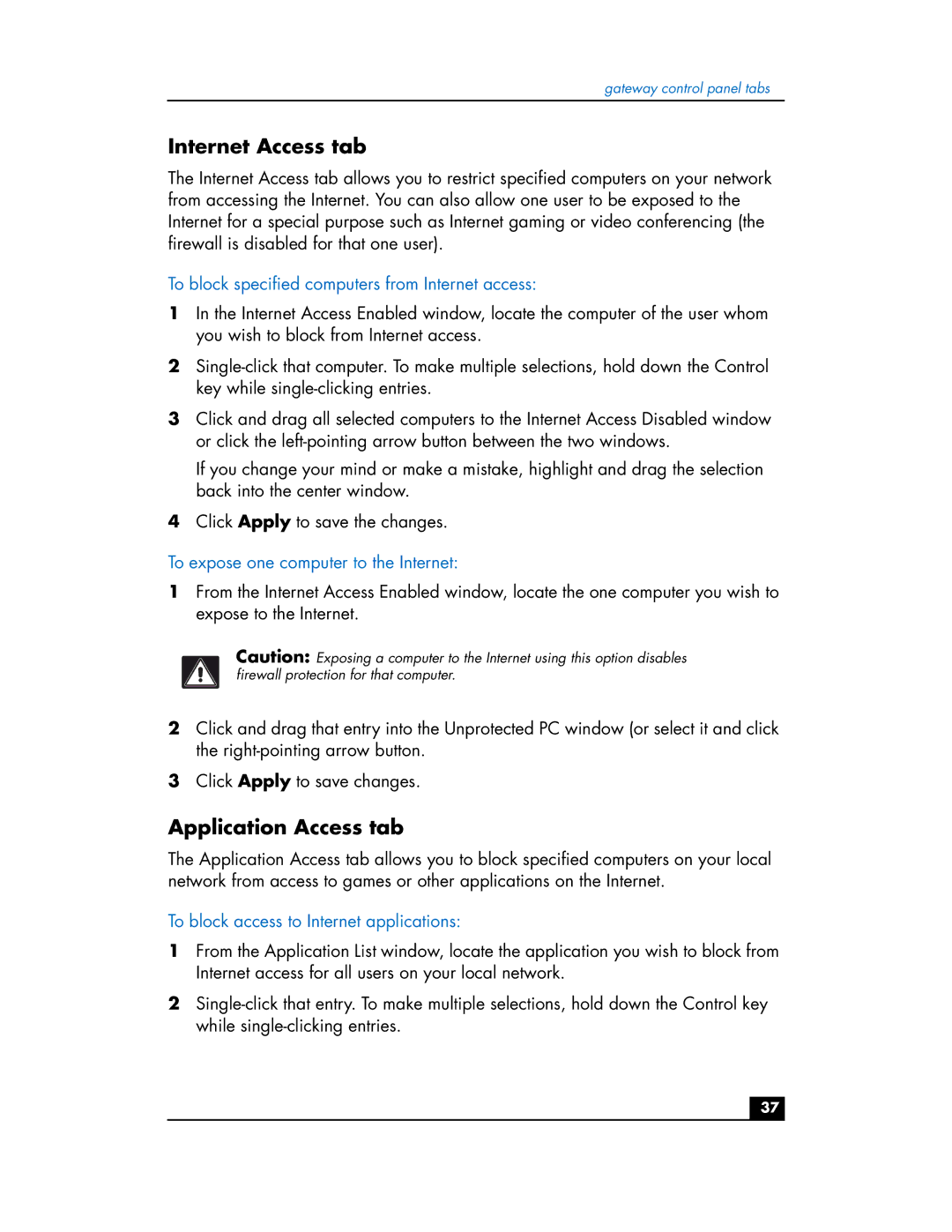 HP Phoneline Gateway hn200p Internet Access tab, Application Access tab, To block specified computers from Internet access 