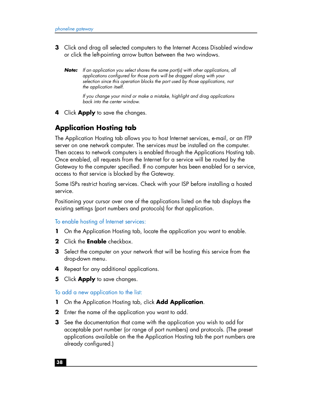 HP Phoneline Gateway hn200p manual Application Hosting tab, To enable hosting of Internet services 