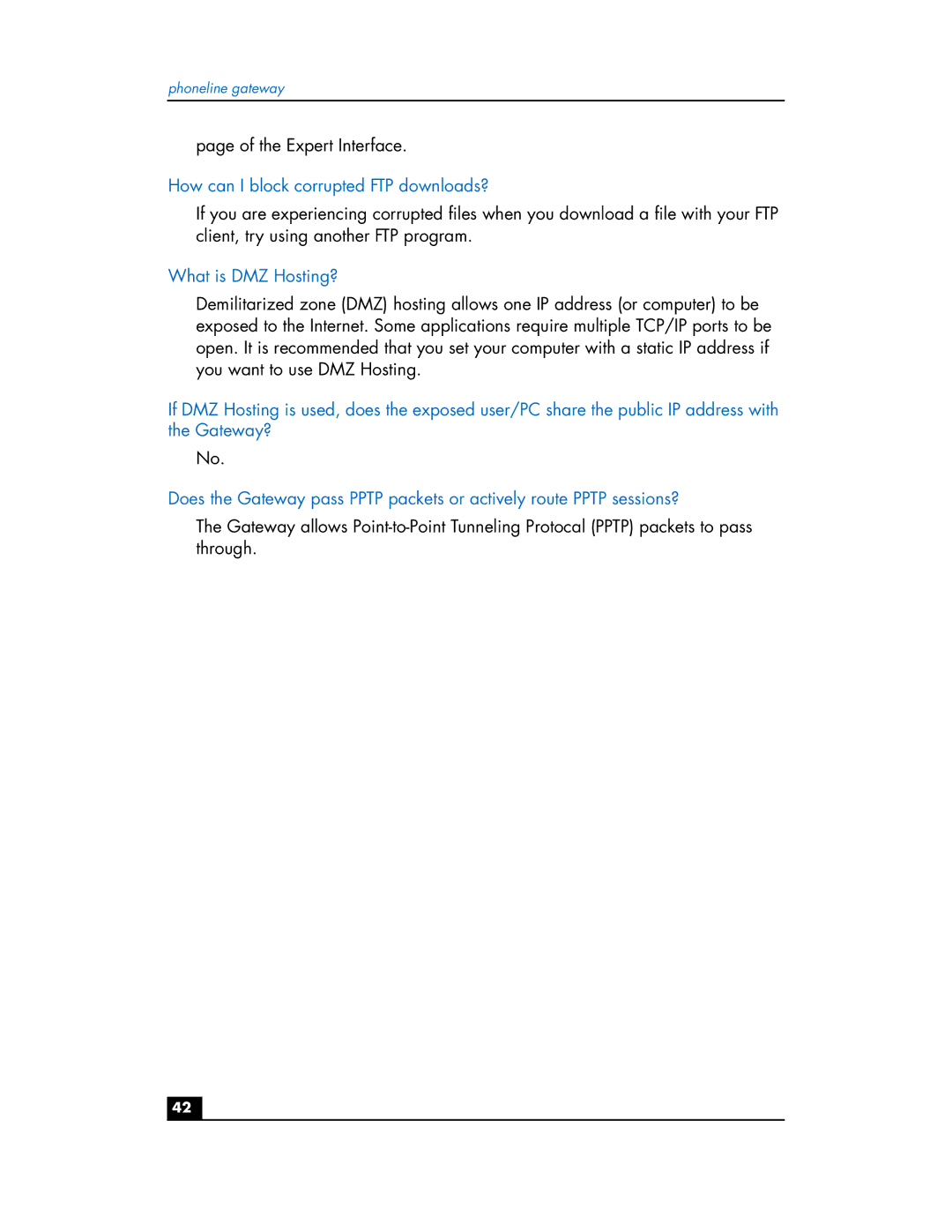HP Phoneline Gateway hn200p manual How can I block corrupted FTP downloads?, What is DMZ Hosting? 
