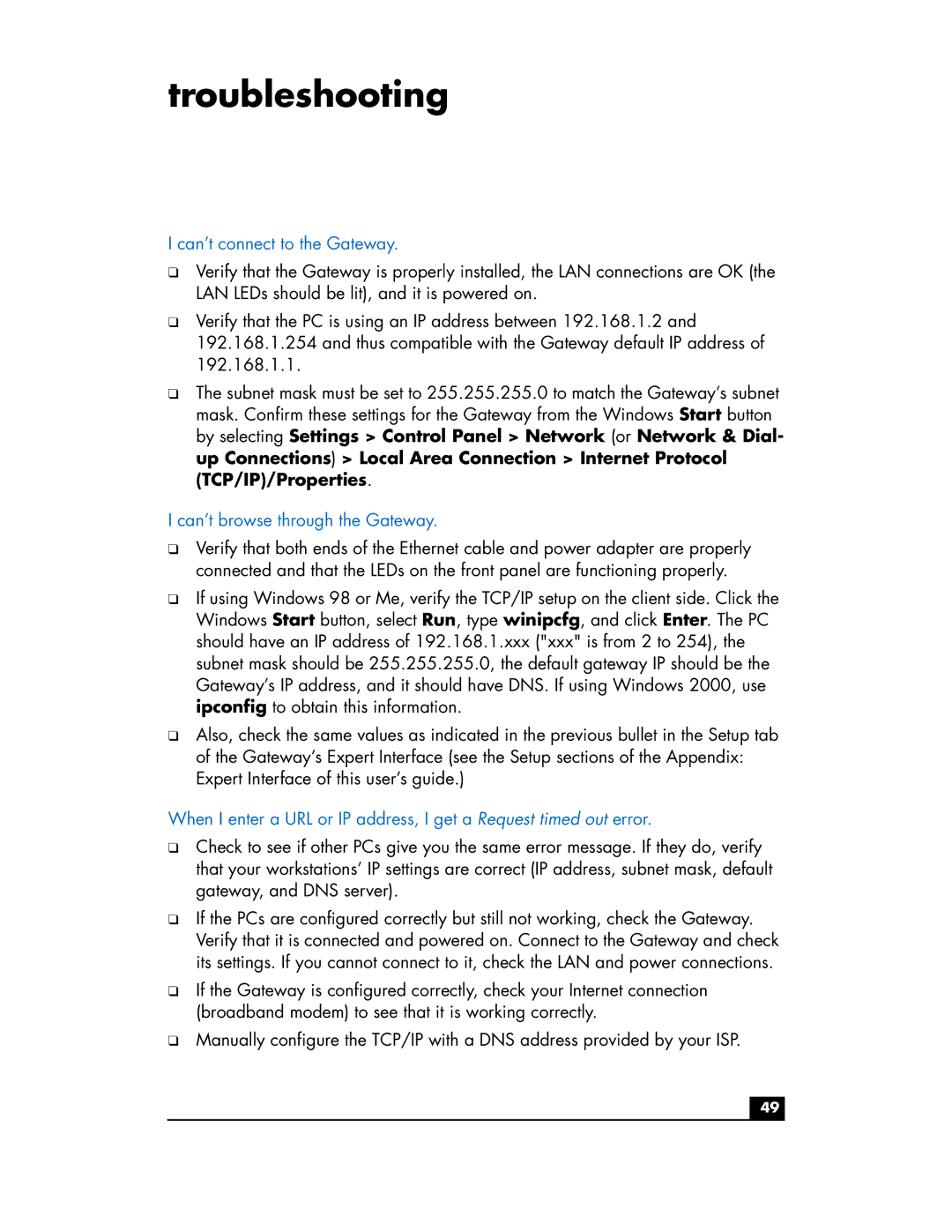 HP Phoneline Gateway hn200p manual Troubleshooting, Can’t connect to the Gateway, Can’t browse through the Gateway 