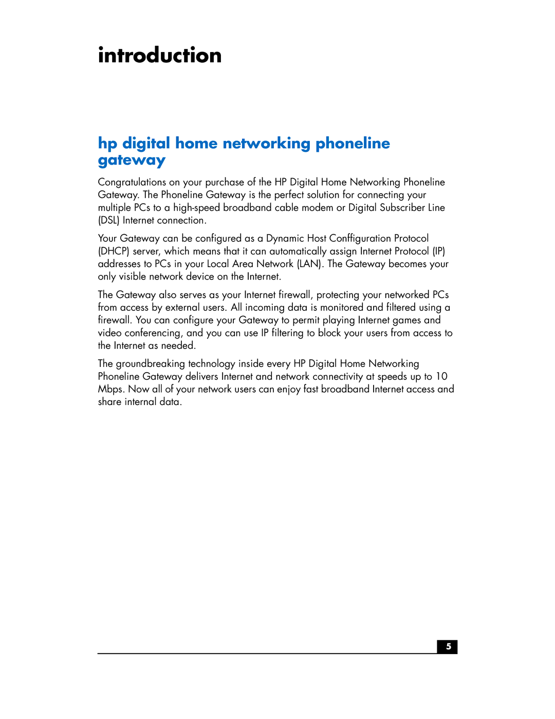 HP Phoneline Gateway hn200p manual Introduction, Hp digital home networking phoneline gateway 