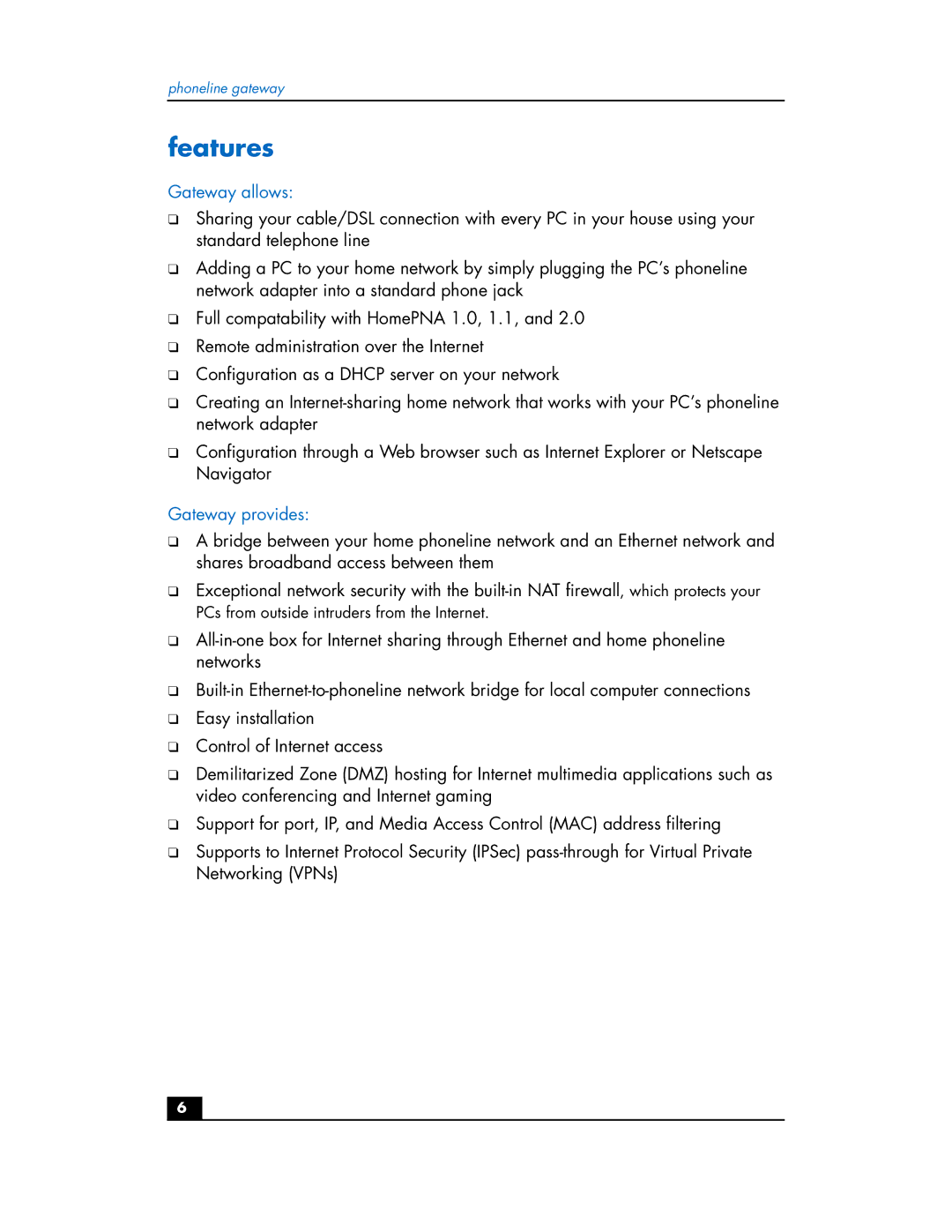 HP Phoneline Gateway hn200p manual Features, Gateway allows, Gateway provides 