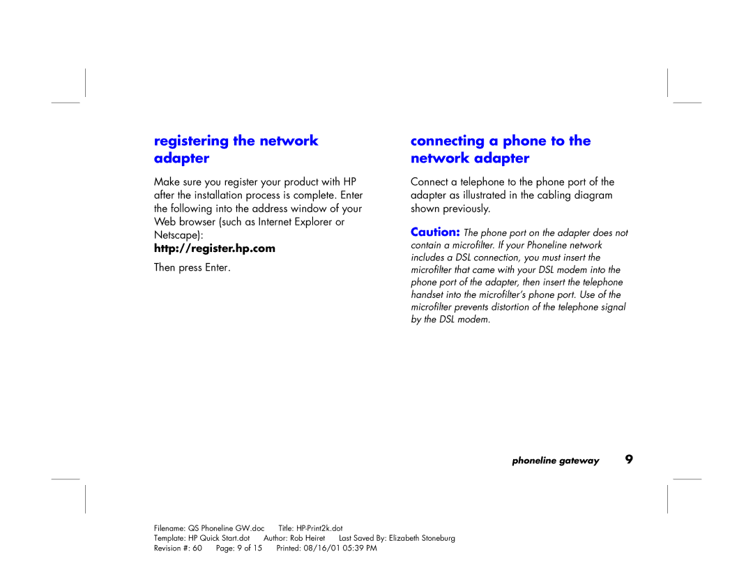 HP Phoneline Gateway hn200p Registering the network adapter, Connecting a phone to the network adapter, Then press Enter 