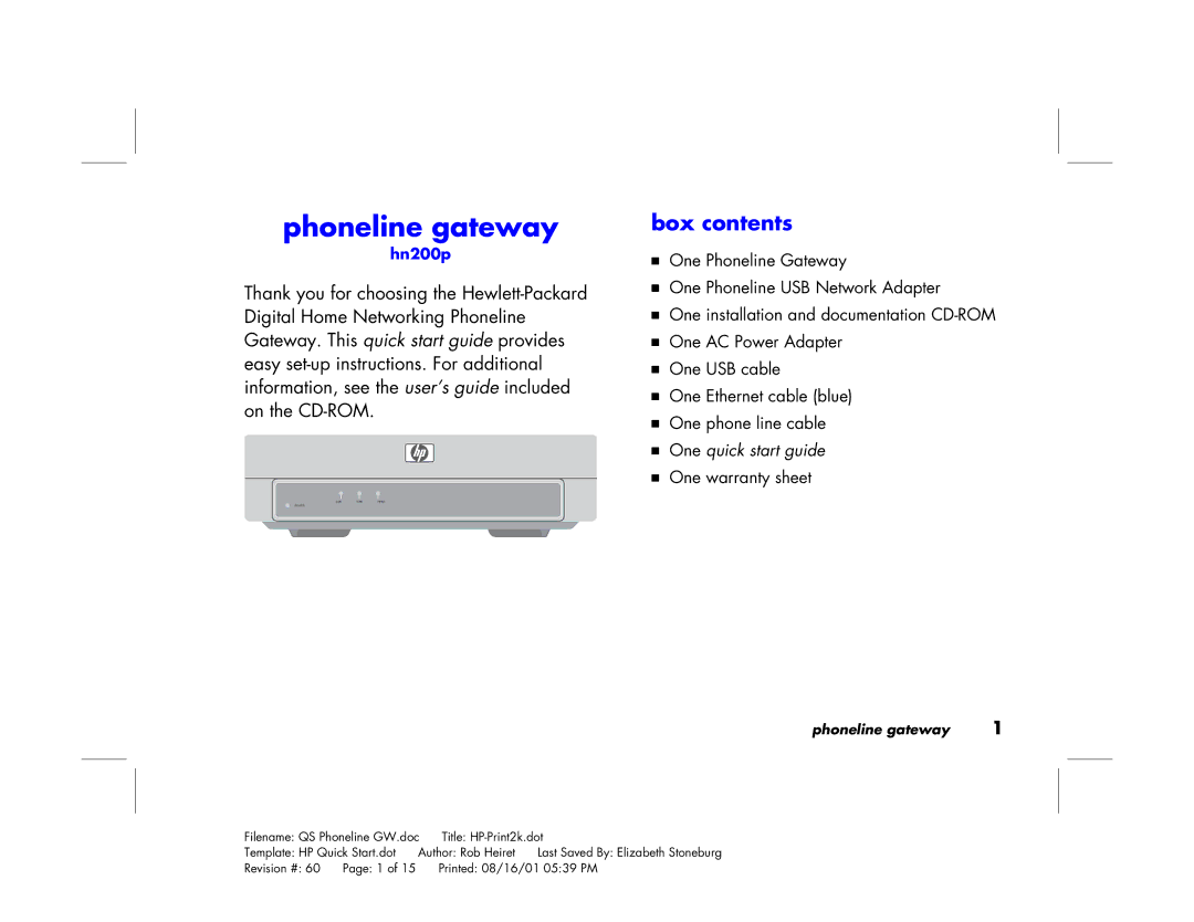 HP Phoneline Gateway hn200p manual Phoneline gateway, Box contents 