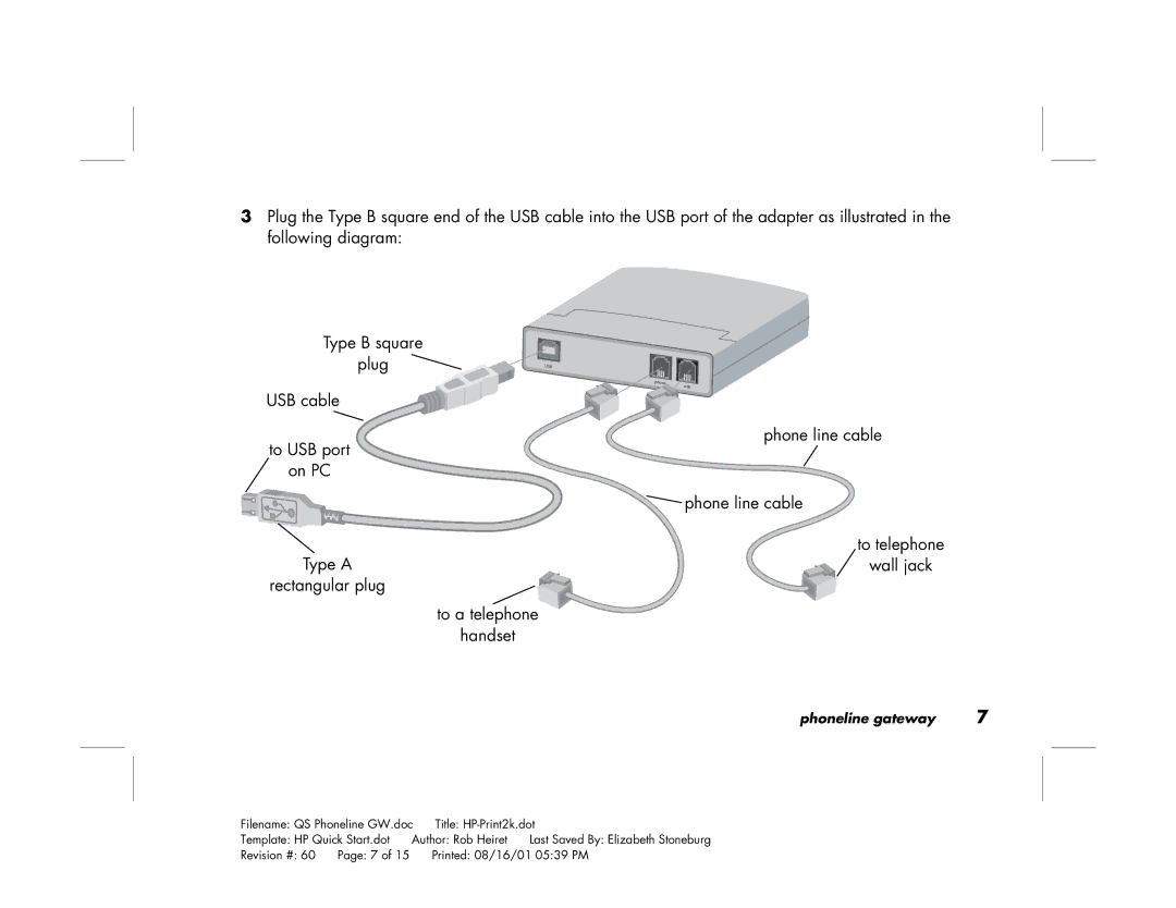 HP Phoneline Gateway hn200p manual Wall jack, Rectangular plug To a telephone 