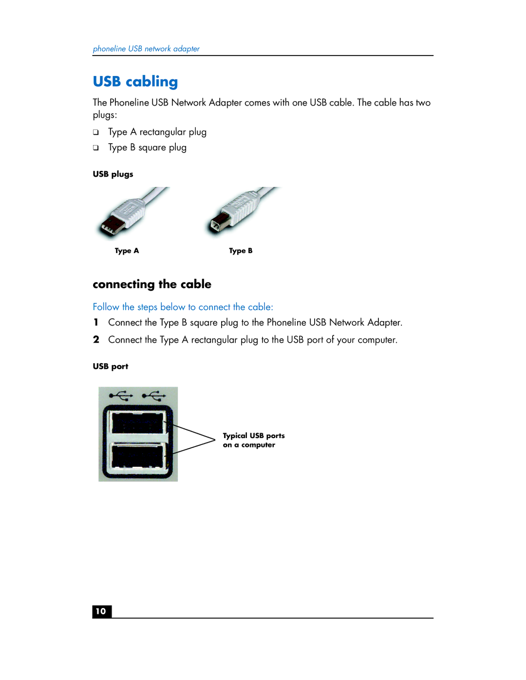 HP Phoneline USB Network Adapter hn210p manual USB cabling, Connecting the cable 