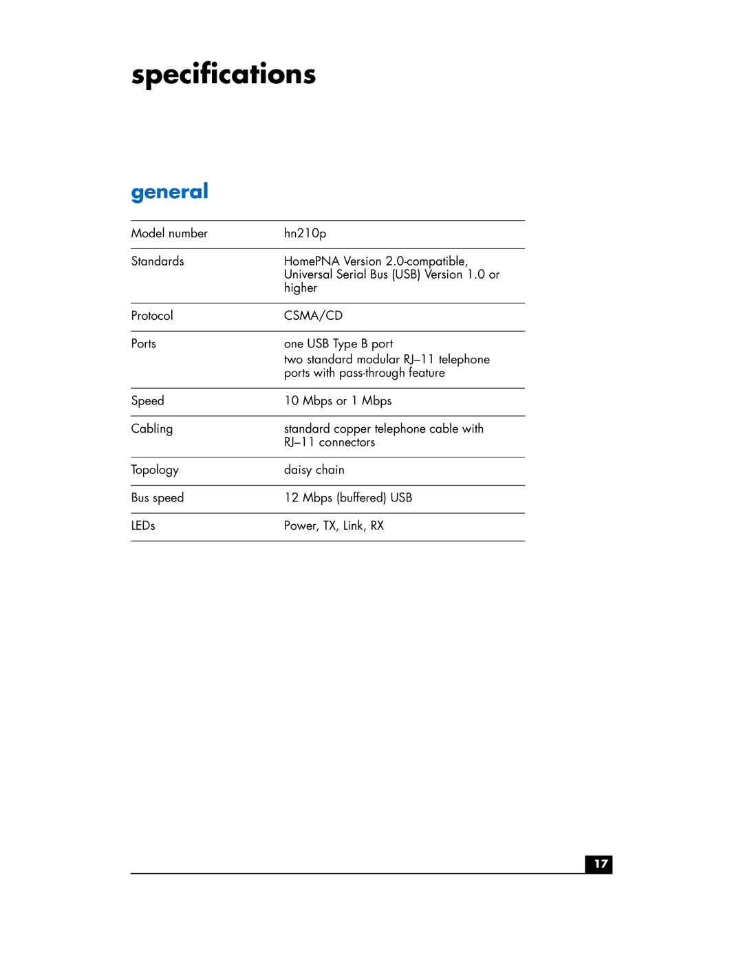 HP Phoneline USB Network Adapter hn210p manual Specifications, General 