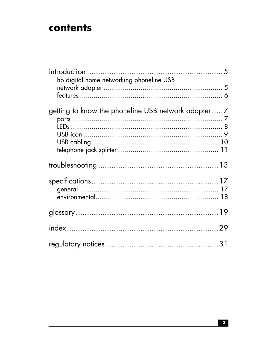 HP Phoneline USB Network Adapter hn210p manual Contents 