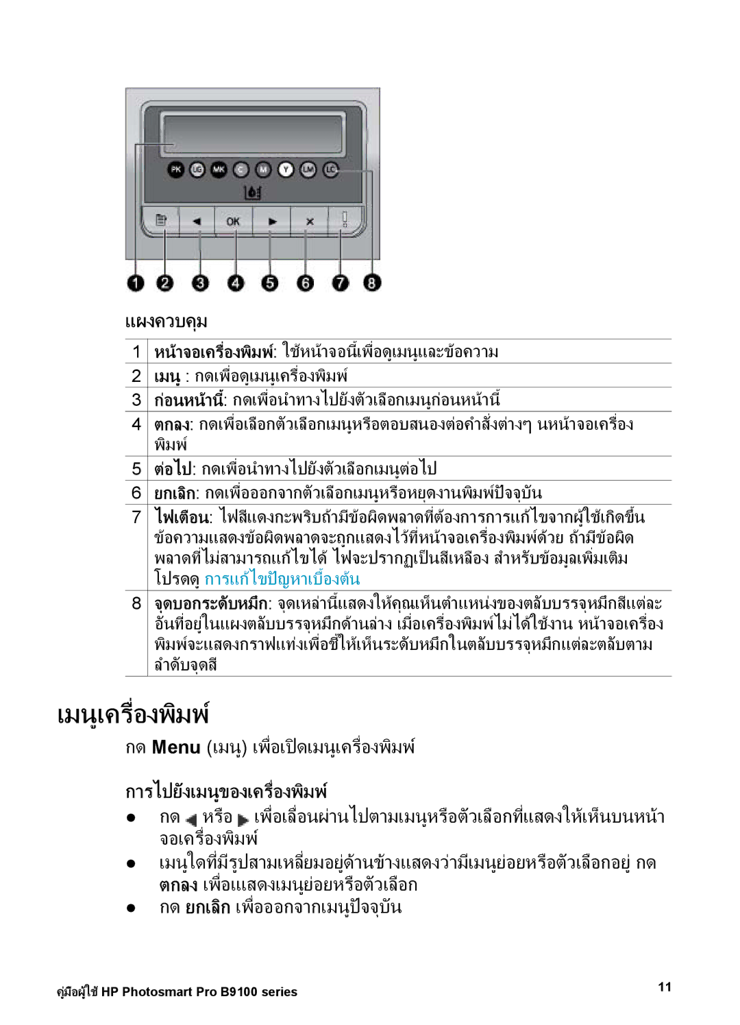 HP Photo B9100 manual แผงควบคุม, กด Menu เมนู เพื่อเปดเมนูเครื่องพิมพ, การไปยังเมนูของเครื่องพิมพ 