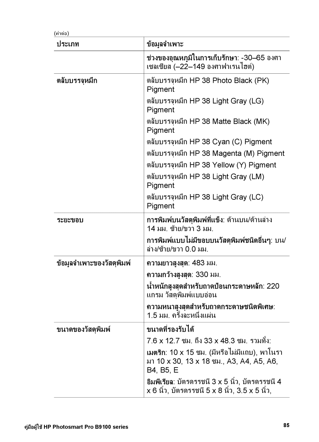 HP Photo B9100 manual ประเภท อมูลจําเพาะ, ตลับบรรจุหมึก, ระยะขอบ, ความยาวสูงสุด 483 มม, ความกวางสูงสุด 330 มม 