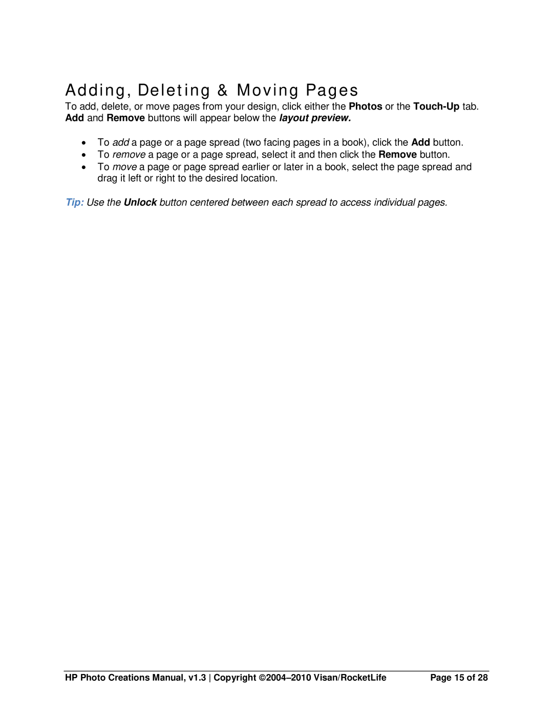 HP Photo Creations Software manual Adding, Deleting & Moving Pages 