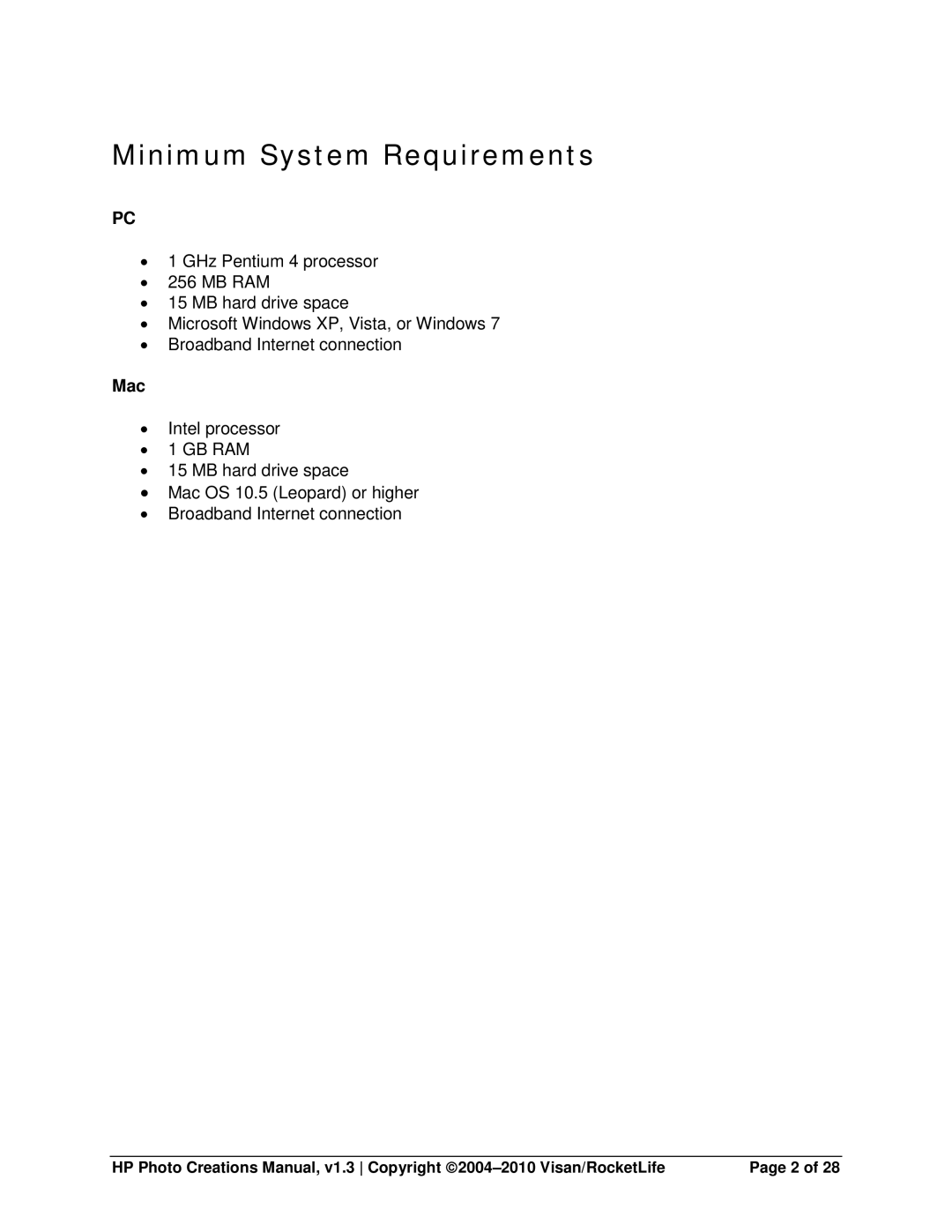 HP Photo Creations Software manual Minimum System Requirements, Mac 