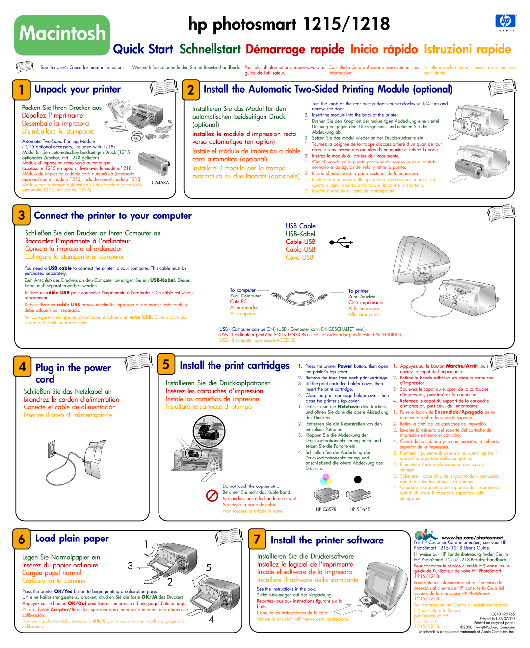HP PHOTO SMART 1215, PHOTO SMART 1218 manual Cavo USB 
