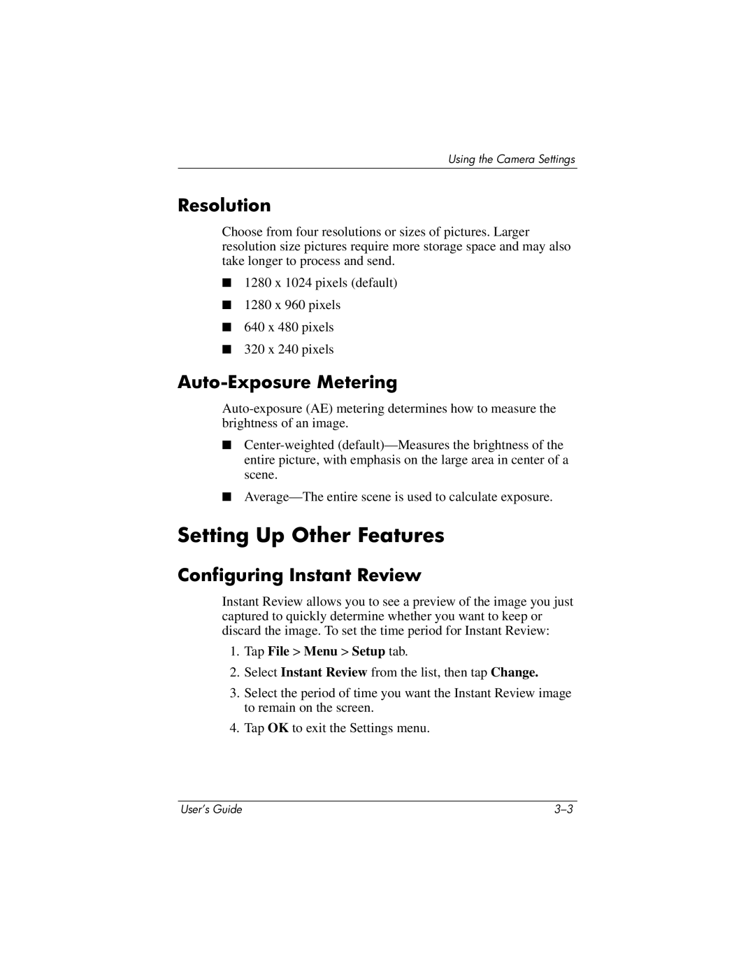 HP PhotoSmart manual Setting Up Other Features, Resolution, Auto-Exposure Metering, Configuring Instant Review 