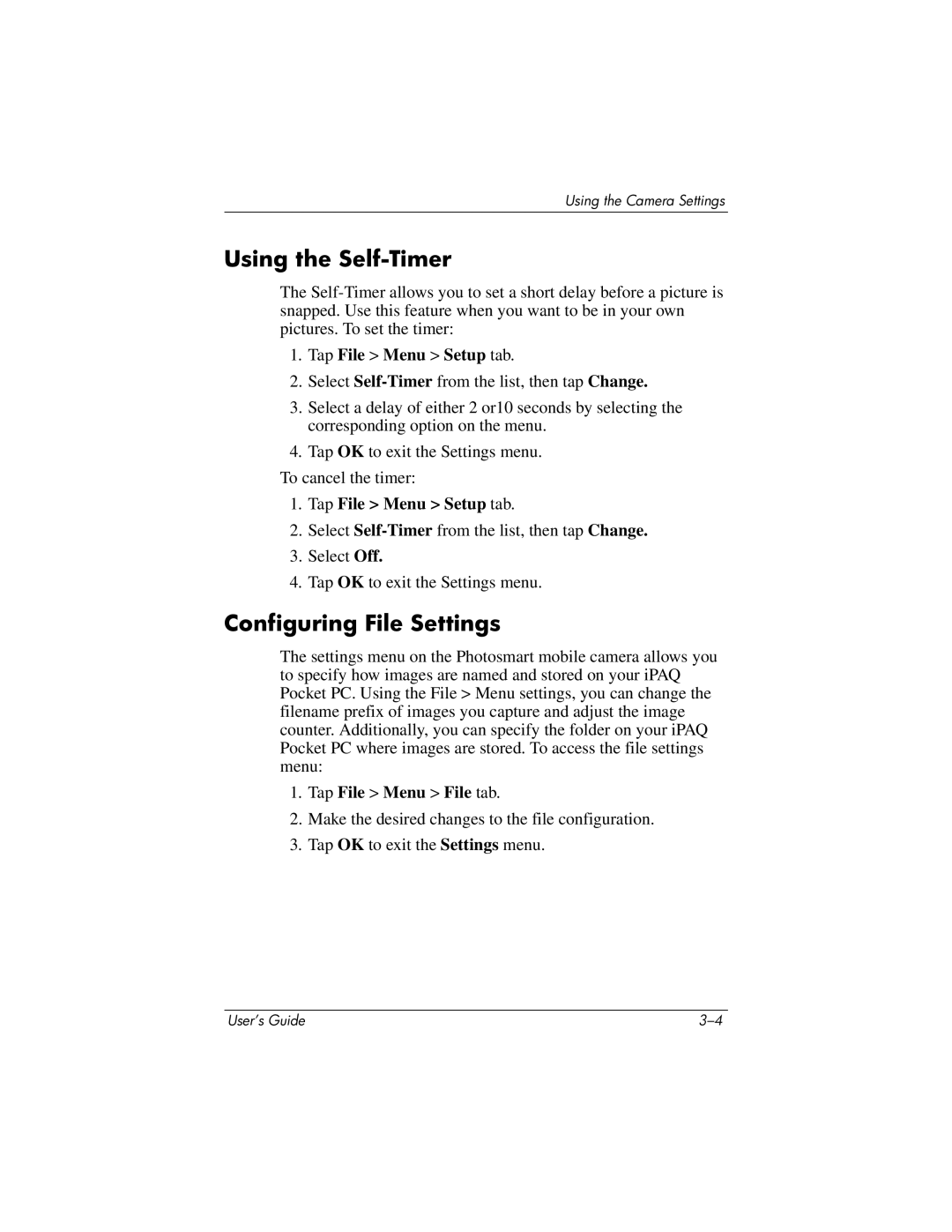 HP PhotoSmart manual Using the Self-Timer, Configuring File Settings, Tap File Menu File tab 