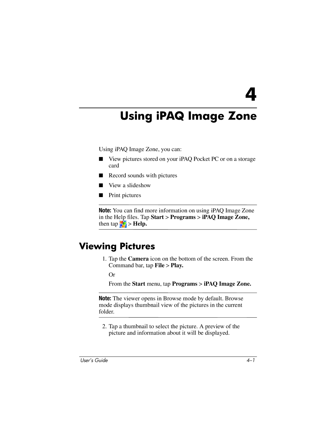 HP PhotoSmart manual Using iPAQ Image Zone, Viewing Pictures, From the Start menu, tap Programs iPAQ Image Zone 