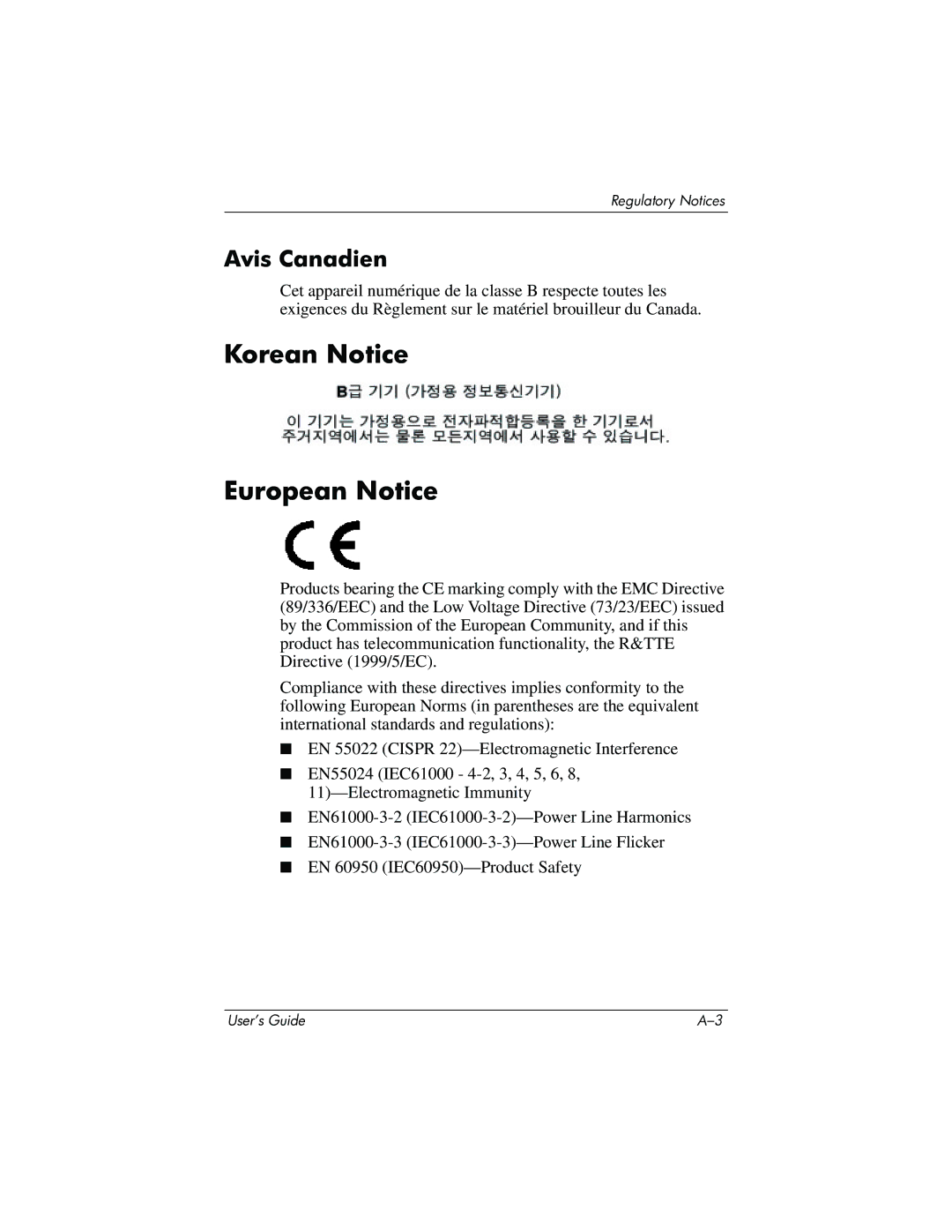 HP PhotoSmart manual Korean Notice European Notice, Avis Canadien 