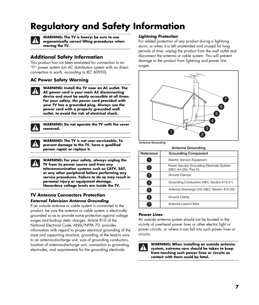 HP PE4240N 42 inch manual Regulatory and Safety Information, Additional Safety Information, AC Power Safety Warning 