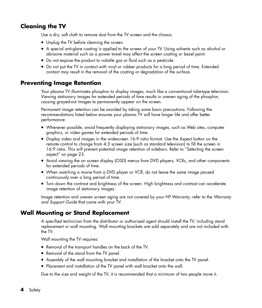 HP PL4245N manual Cleaning the TV, Preventing Image Retention, Wall Mounting or Stand Replacement 