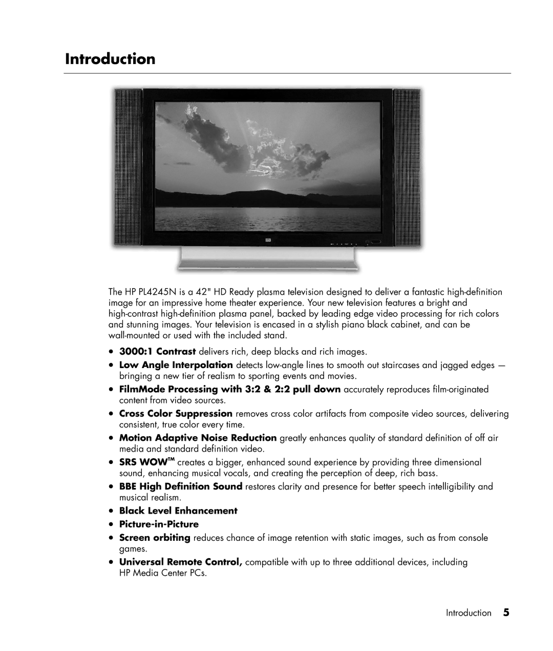 HP PL4245N manual Introduction, Black Level Enhancement Picture-in-Picture 