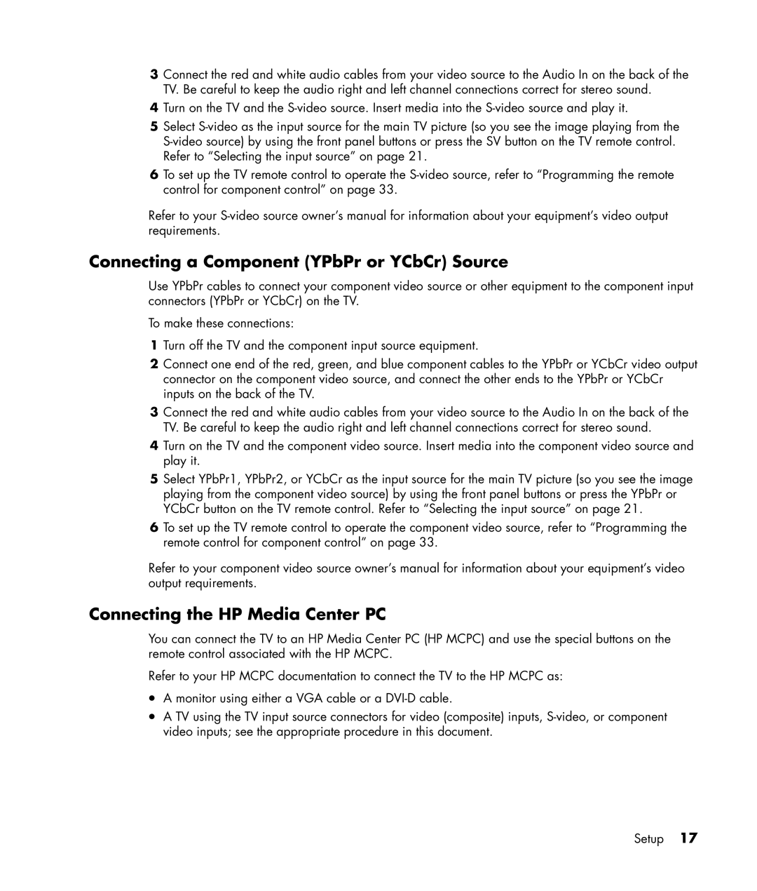 HP PL4245N manual Connecting a Component YPbPr or YCbCr Source, Connecting the HP Media Center PC 