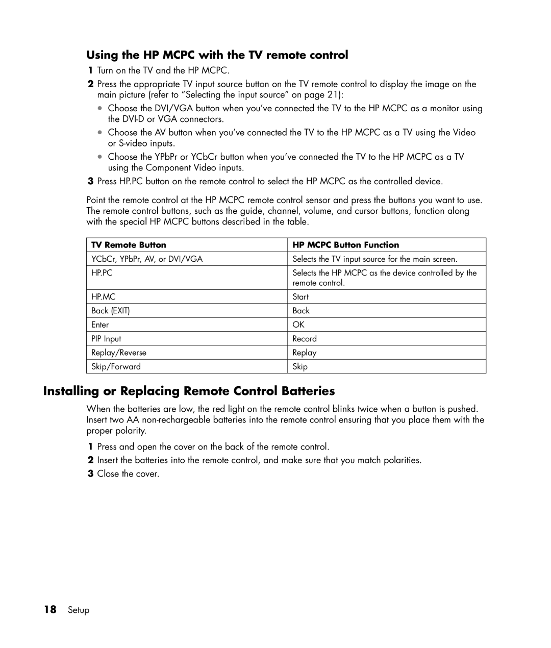 HP PL4245N Installing or Replacing Remote Control Batteries, Using the HP Mcpc with the TV remote control, Hp.Pc, Hp.Mc 