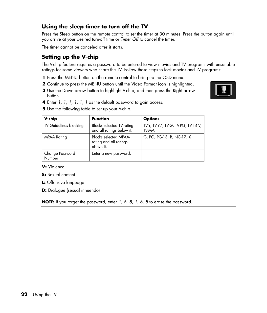 HP PL4245N manual Using the sleep timer to turn off the TV, Setting up the V-chip, Chip Function Options, Tv-Ma 