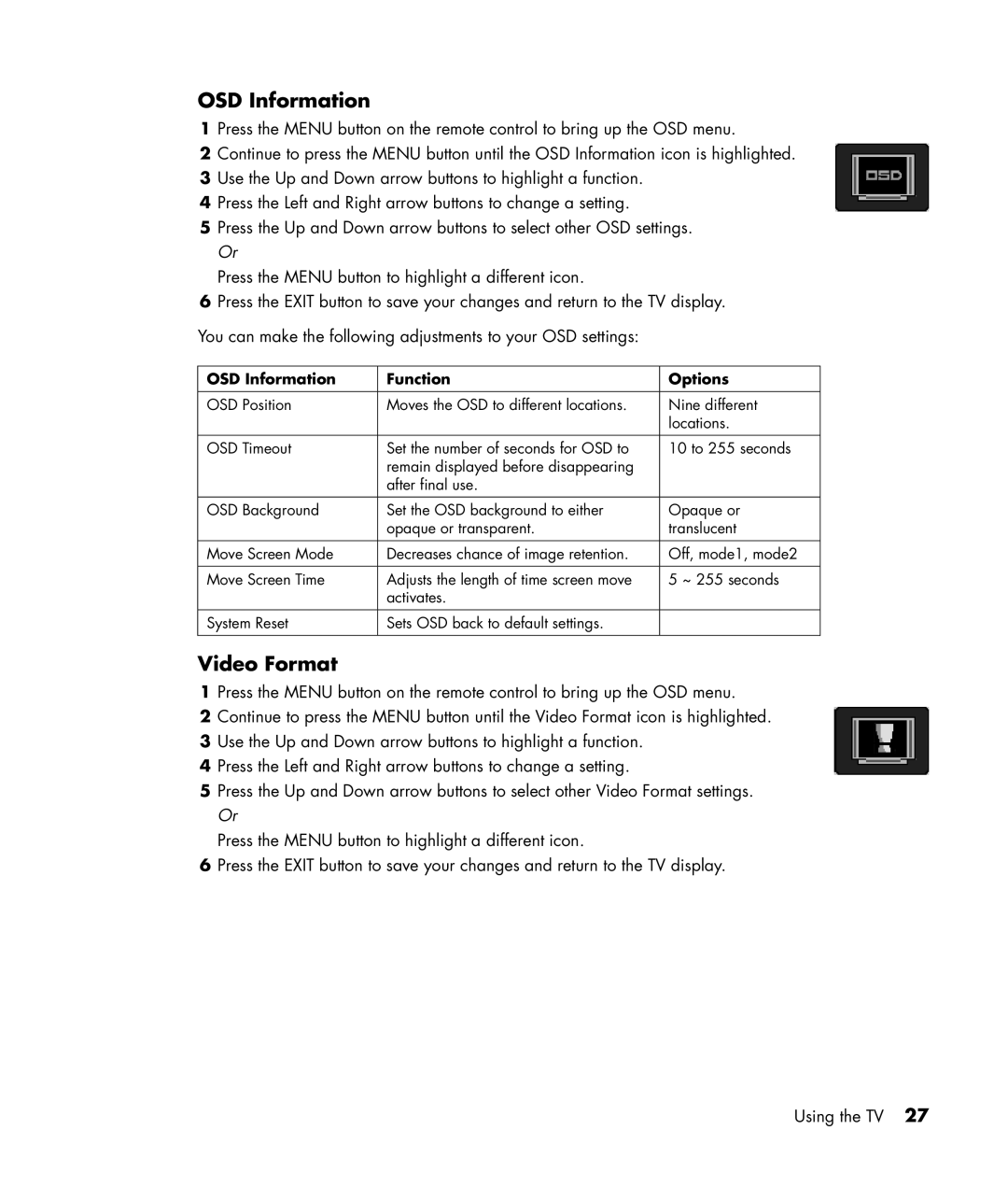 HP PL4245N manual Video Format, OSD Information Function Options 