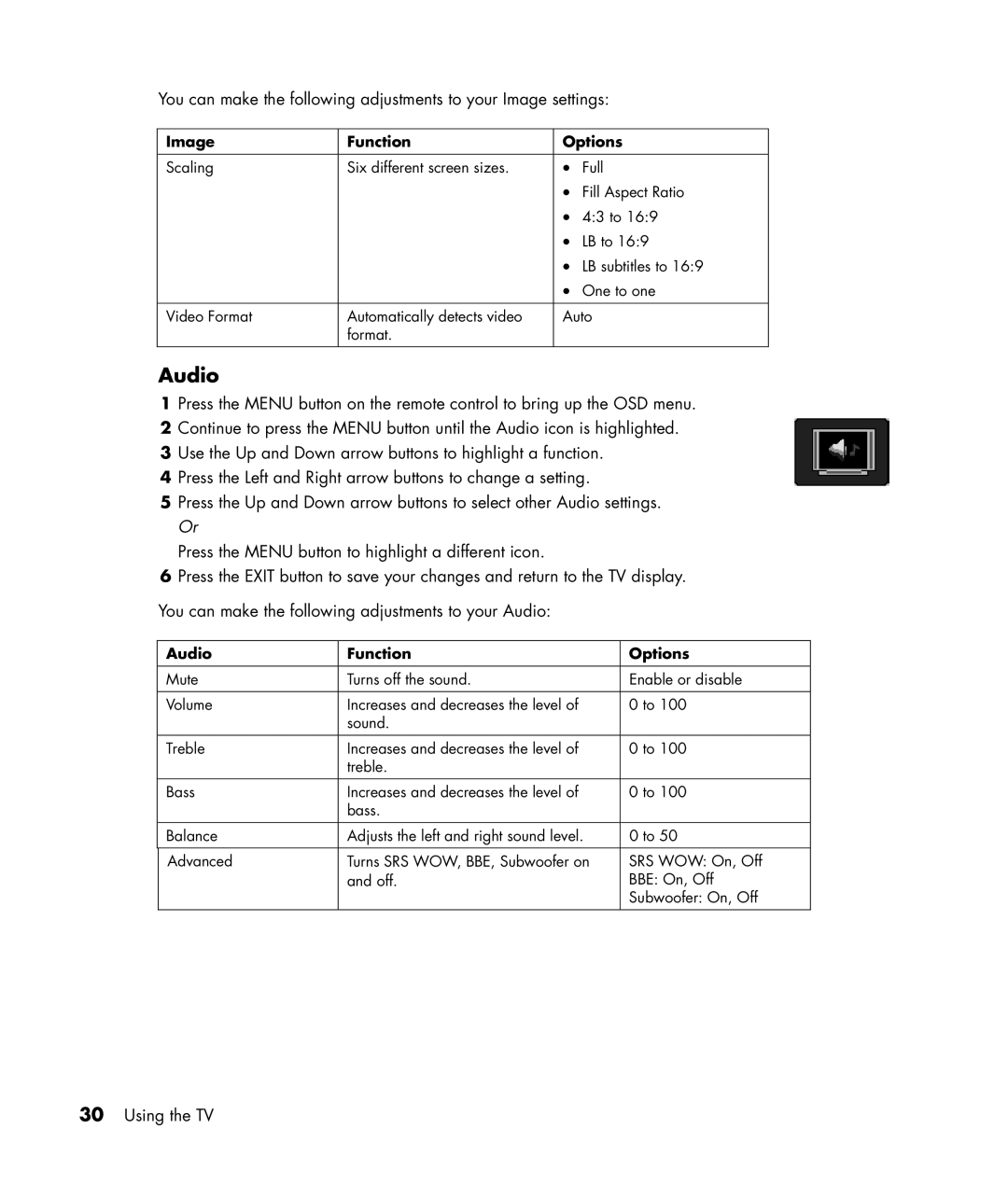 HP PL4245N manual Audio, Image Function Options 