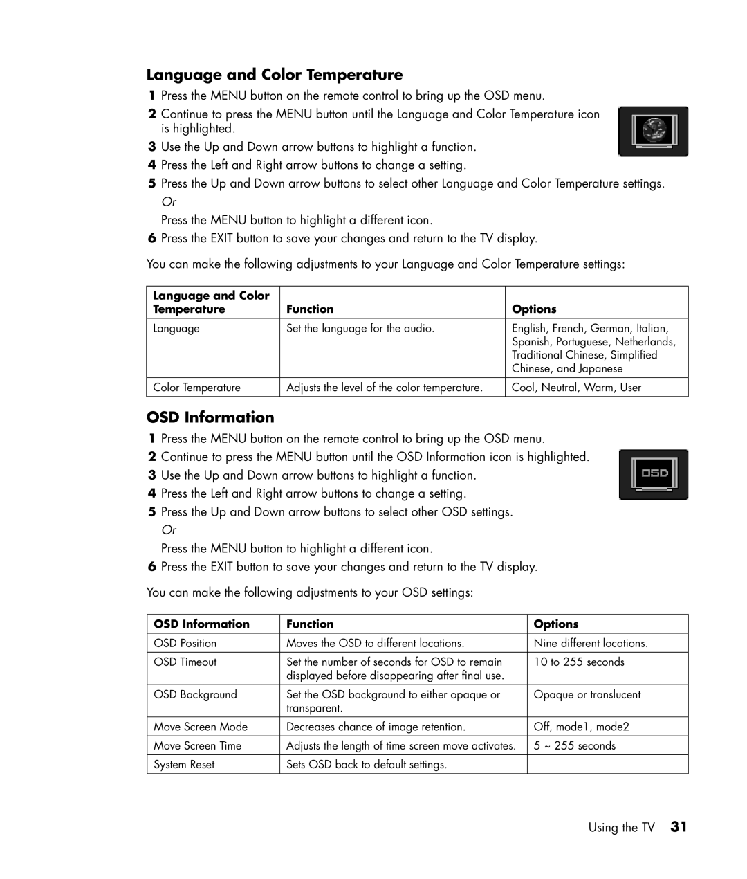 HP PL4245N manual System Reset Sets OSD back to default settings 