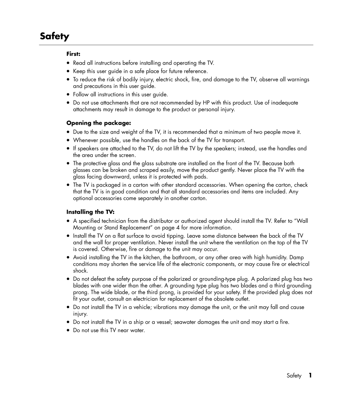 HP PL4245N manual Safety, First, Opening the package, Installing the TV 