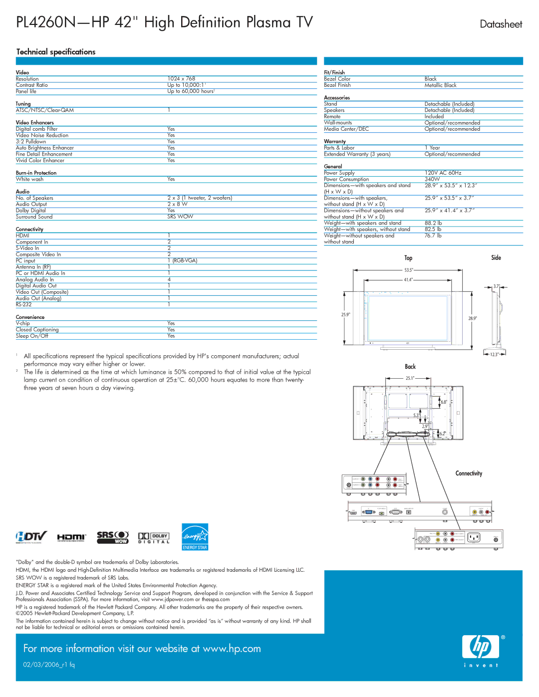 HP PL4260N 42 inch Plasma manual PL4260N-HP 42 High Definition Plasma TV, Datasheet, Technical specifications, Top Side 