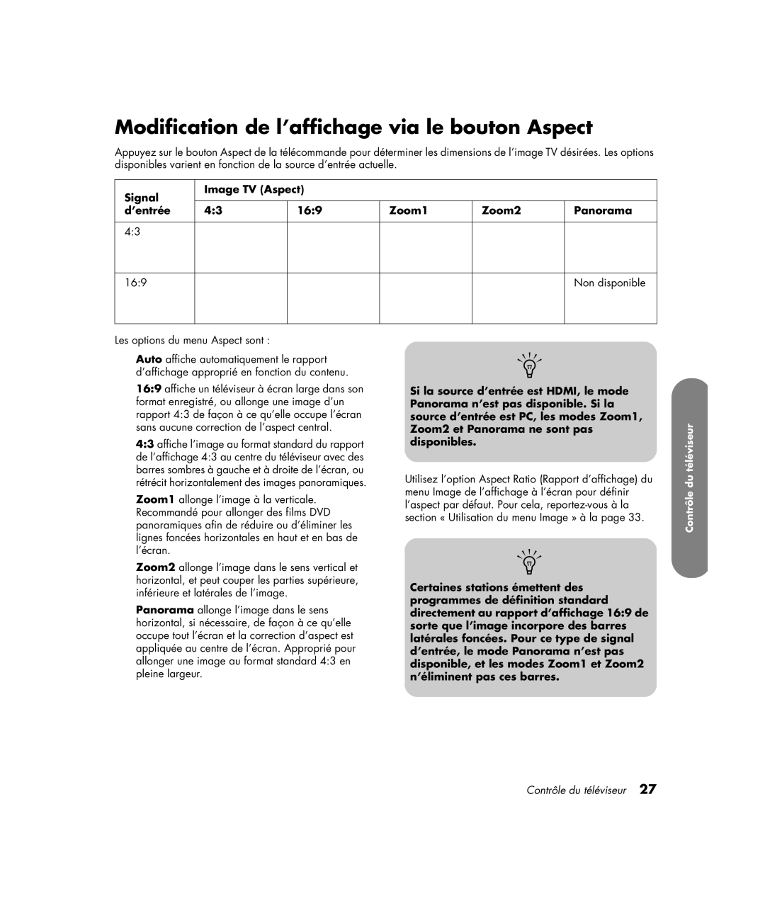 HP PL4272N 42 inch Plasma manual Modification de l’affichage via le bouton Aspect 