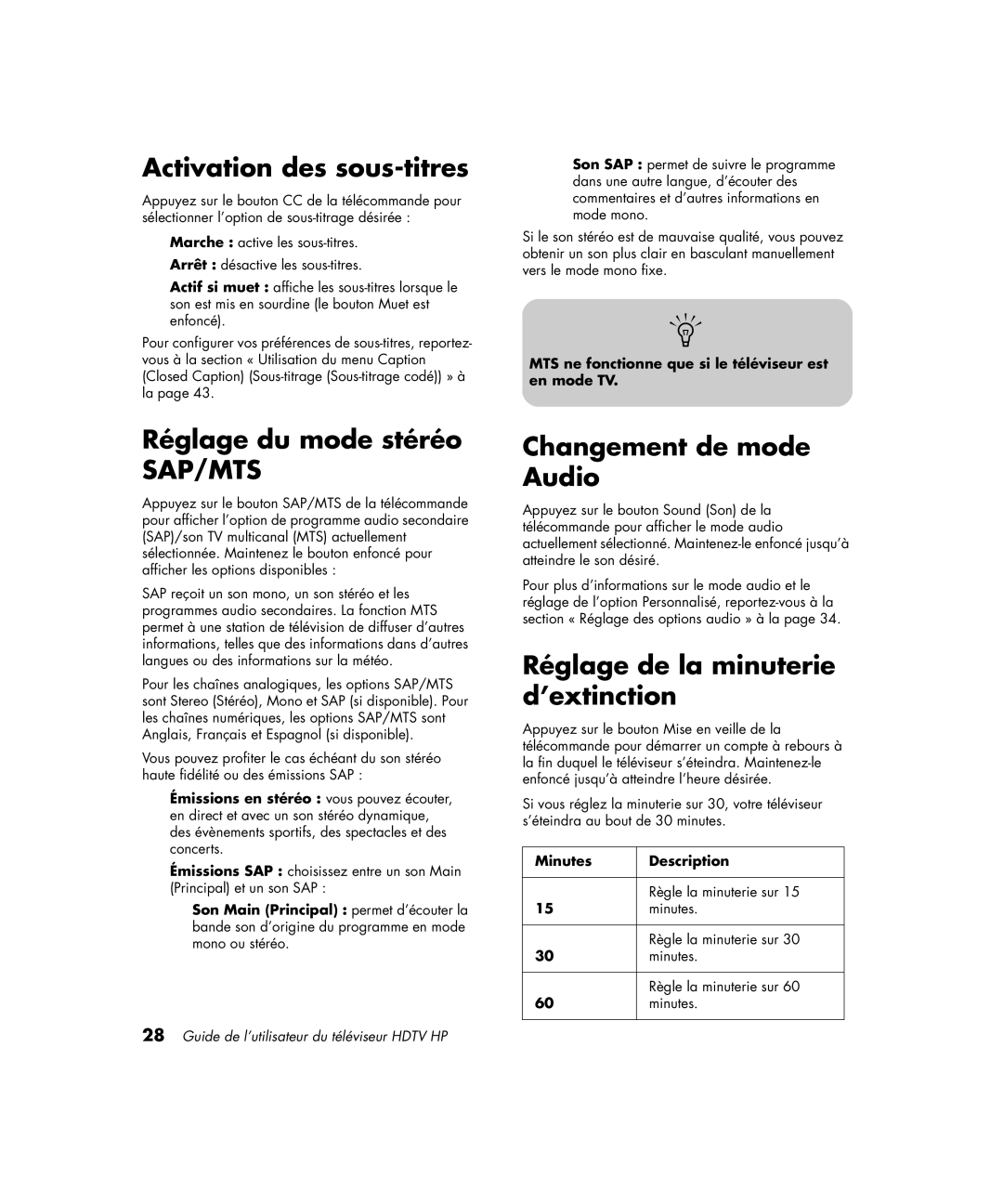 HP PL4272N 42 inch Plasma manual Activation des sous-titres, Réglage du mode stéréo, Changement de mode Audio 