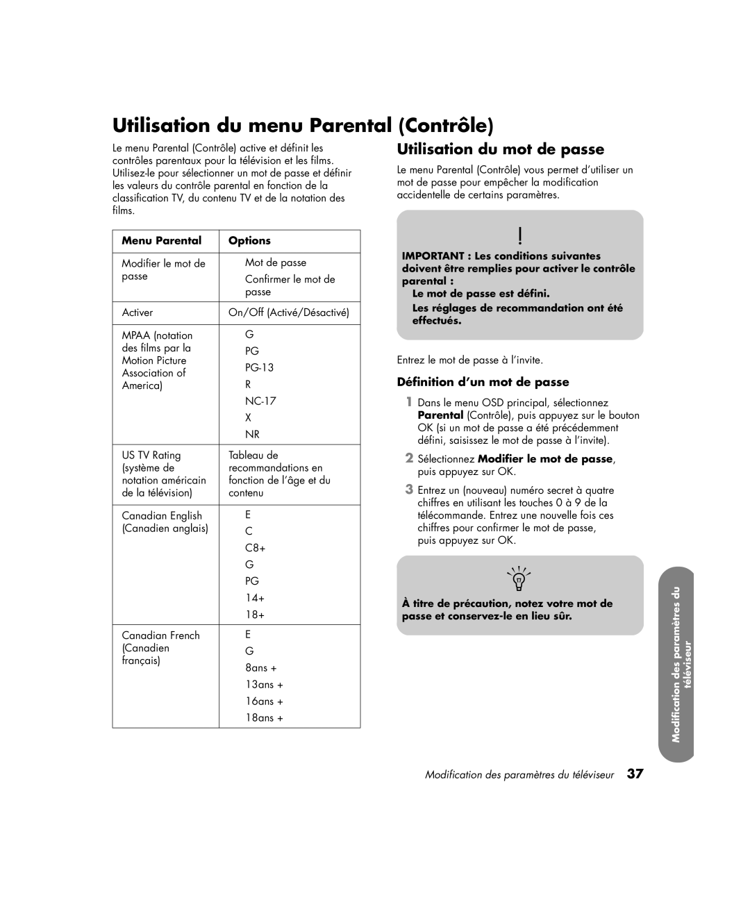 HP PL4272N 42 inch Plasma Utilisation du menu Parental Contrôle, Utilisation du mot de passe, Définition d’un mot de passe 