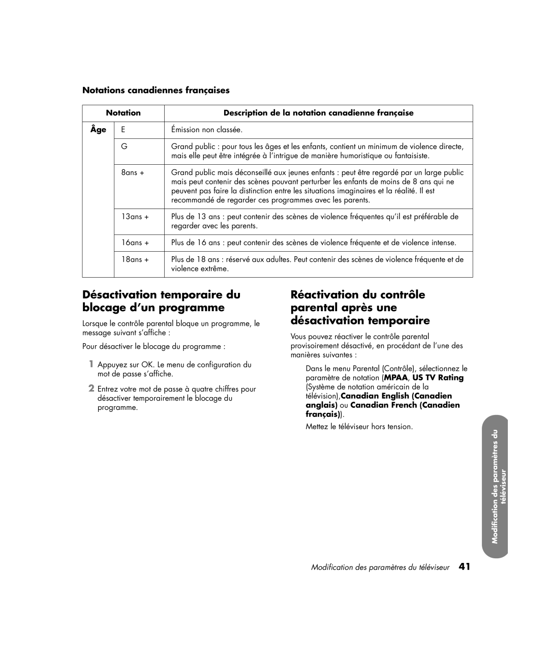 HP PL4272N 42 inch Plasma manual Désactivation temporaire du blocage d’un programme, Notations canadiennes françaises 