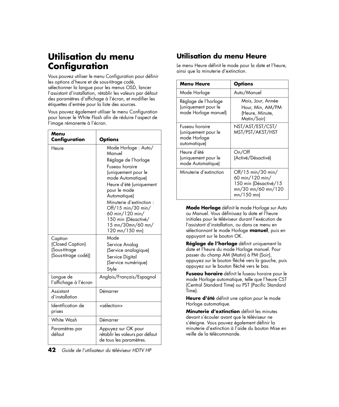 HP PL4272N 42 inch Plasma manual Utilisation du menu Configuration, Utilisation du menu Heure, Menu Configuration Options 