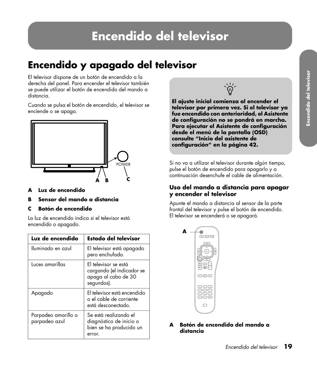 HP PL4272N 42 inch Plasma manual Encendido del televisor, Encendido y apagado del televisor 