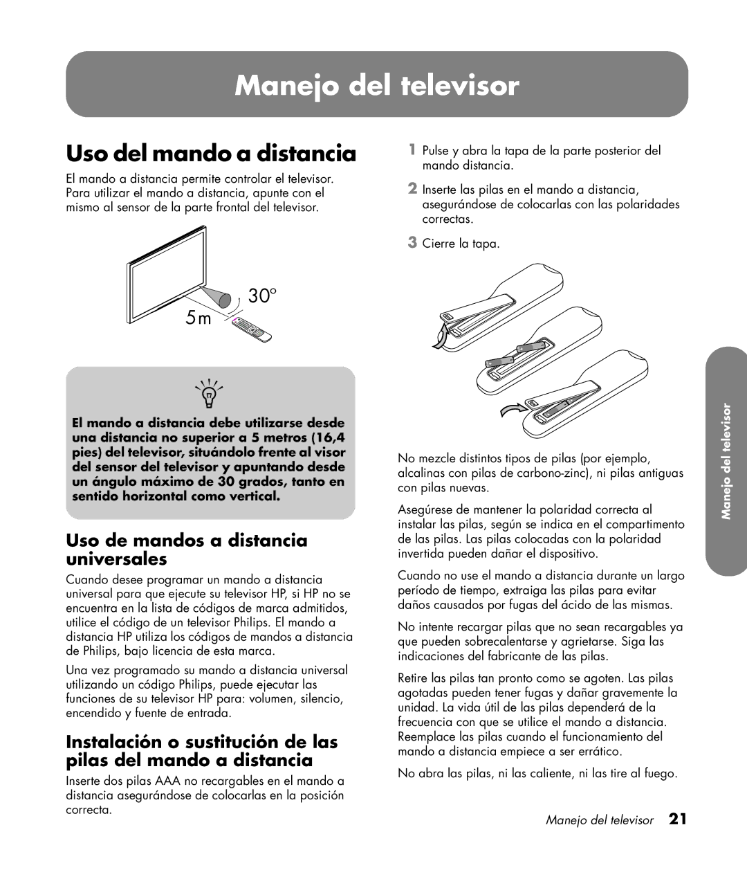 HP PL4272N 42 inch Plasma manual Manejo del televisor, Uso del mando a distancia, Uso de mandos a distancia universales 