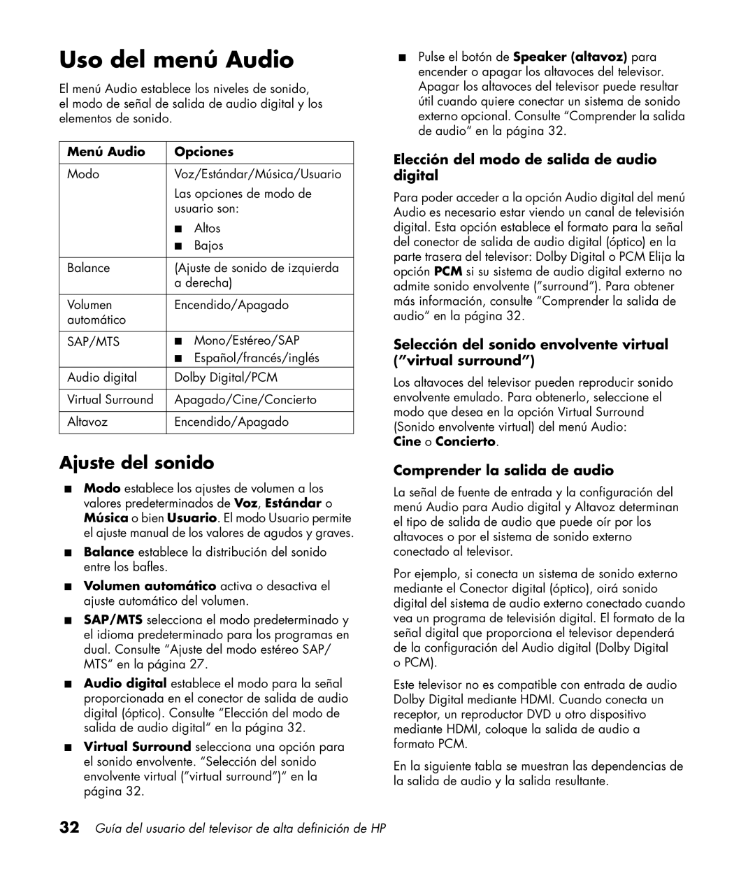 HP PL4272N 42 inch Plasma manual Uso del menú Audio, Ajuste del sonido, Elección del modo de salida de audio digital 