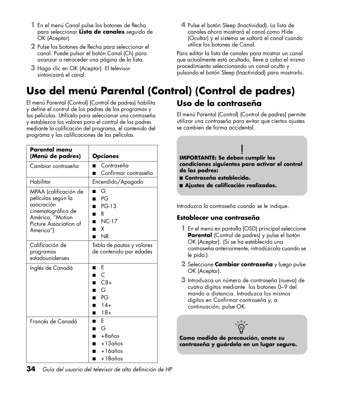 HP PL4272N 42 inch Plasma Uso del menú Parental Control Control de padres, Uso de la contraseña, Establecer una contraseña 