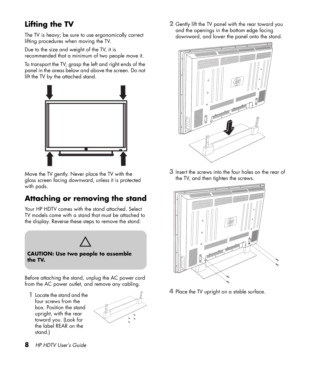 HP PL4272N 42 inch Plasma manual Lifting the TV, Attaching or removing the stand 