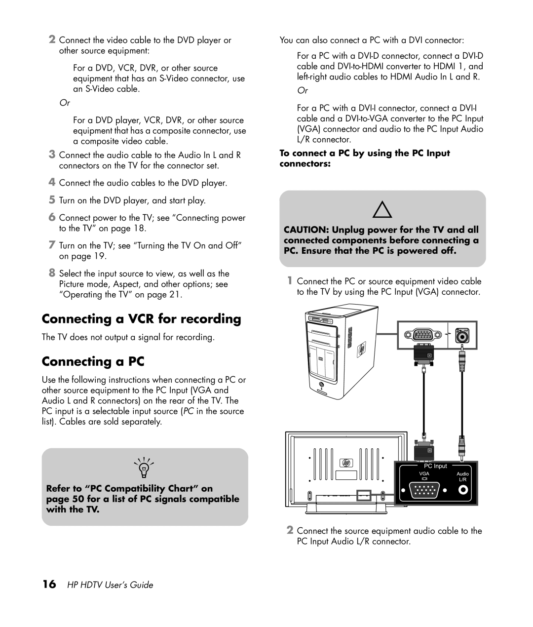 HP PL4272N 42 inch Plasma manual Connecting a VCR for recording, Connecting a PC 