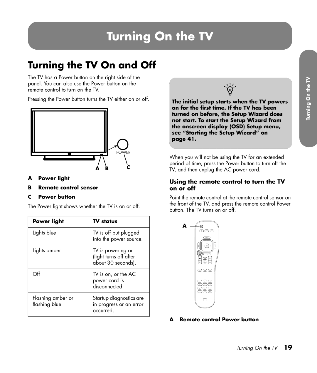 HP PL4272N 42 inch Plasma Turning On the TV, Turning the TV On and Off, Using the remote control to turn the TV on or off 