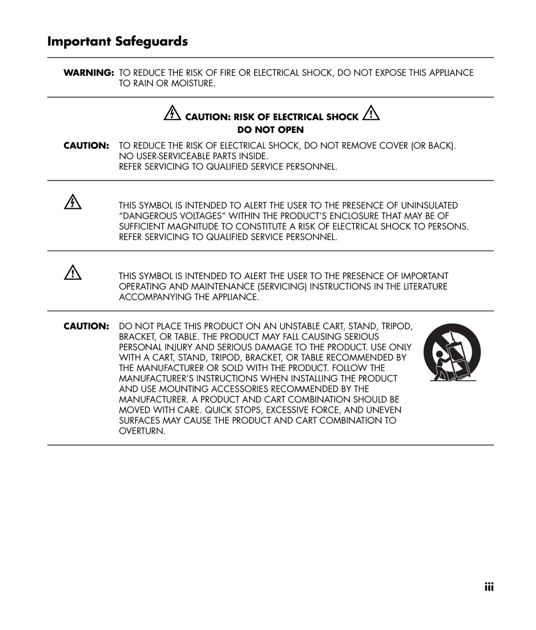 HP PL4272N 42 inch Plasma manual Important Safeguards, ECAUTION Risk of Electrical Shock w 